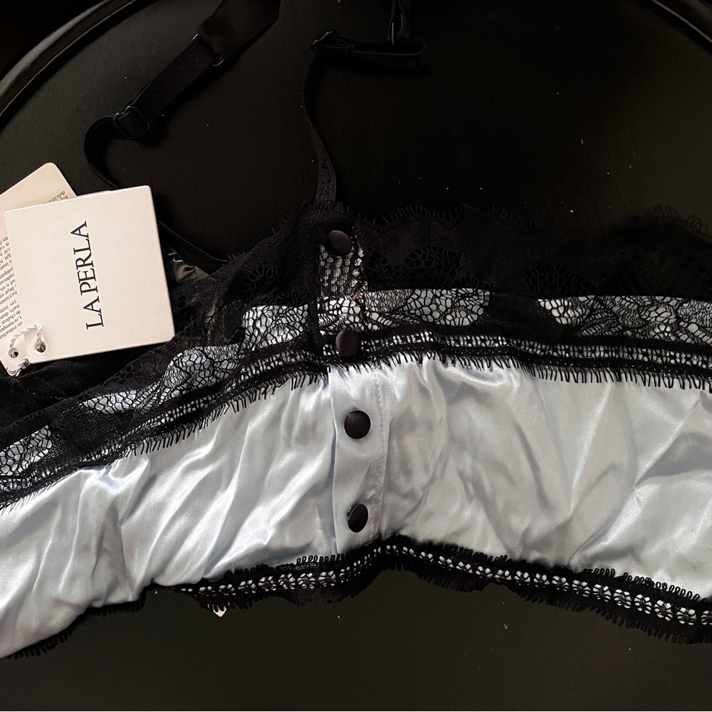 La Perla Black Lace and Baby Blue Garter Belt, NWT